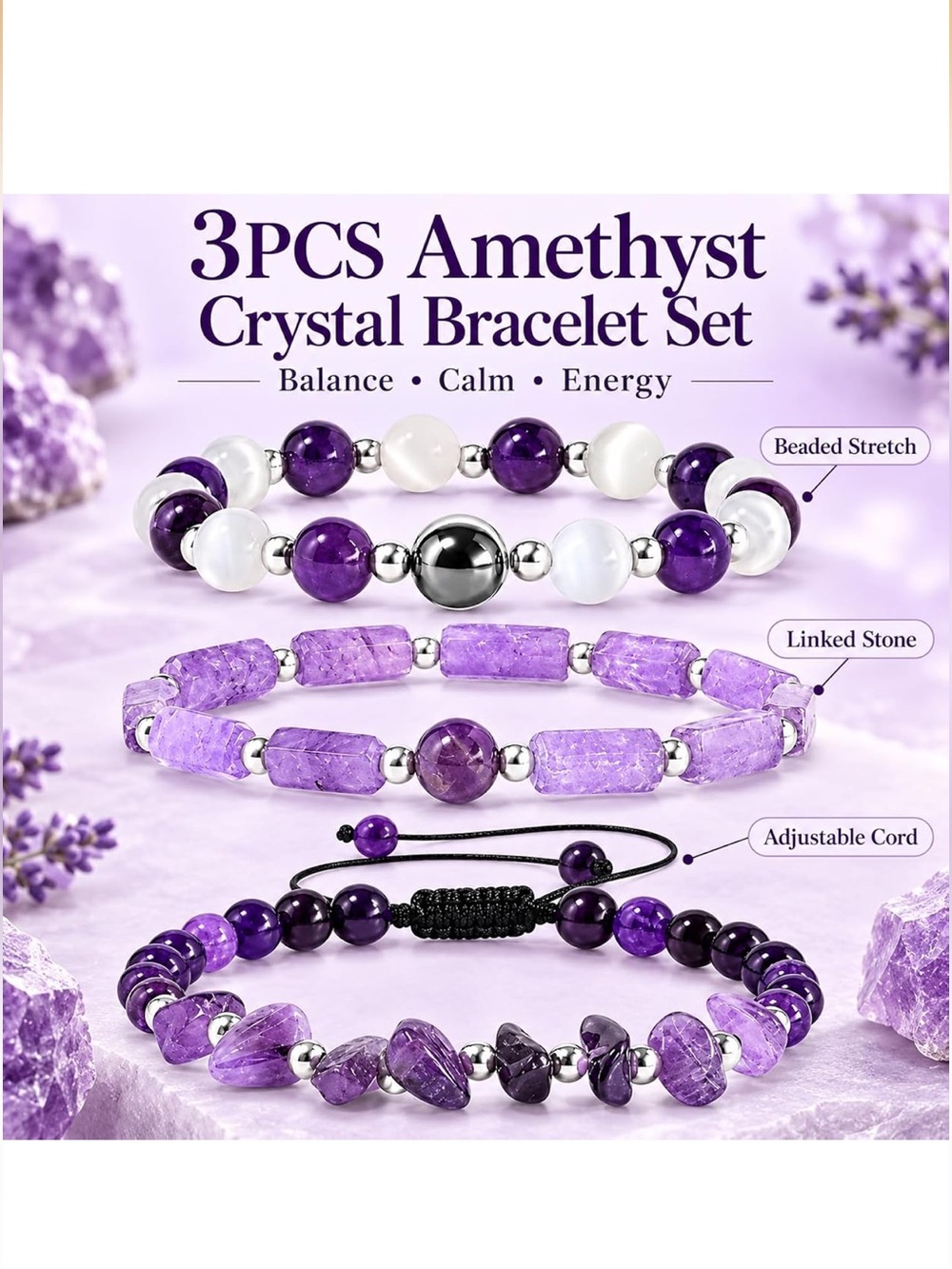 🆕New Amethyst Crystal Bracelet Set -3PCS Healing Bracelets for Balance & Calm